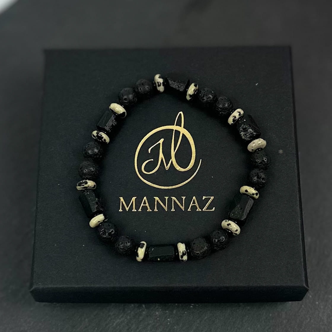 Męska bransoletka z czarnym turmalinem , jaspisem dalmatyńskim i lawą wulkaniczna